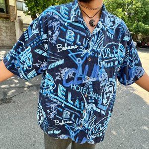 Vintage Tommy Bahama Blue Bar None Short Sleeve Silk Hawaiian Shirt Size XXL